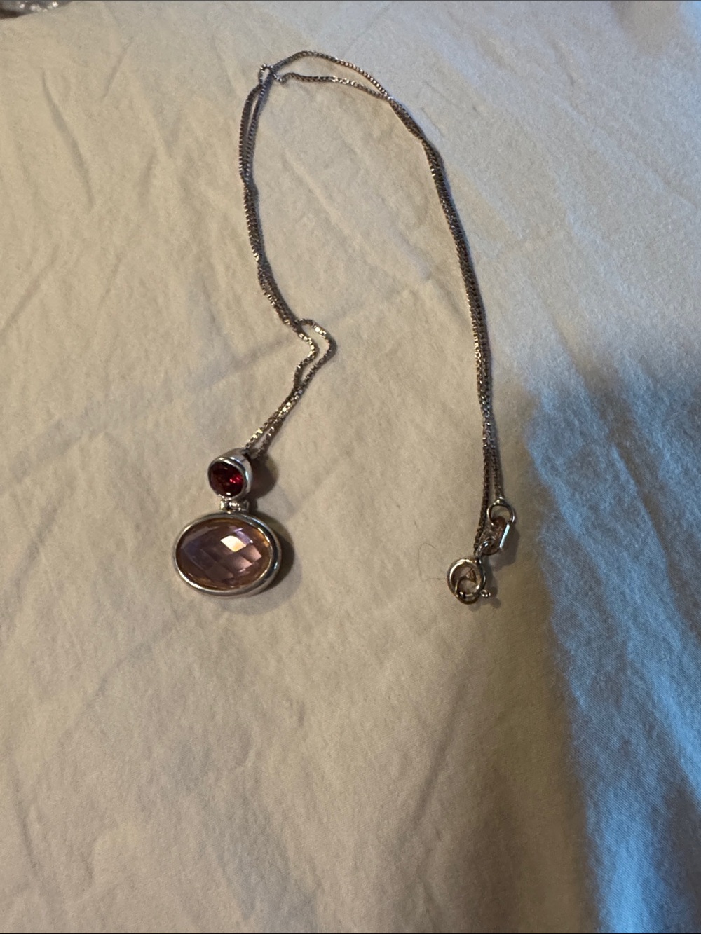 Pink Crystal Pendant (925) Silver 18” Necklace with Red Accent - Women Jewelry